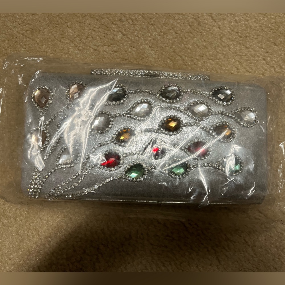 NWT Heavily Beaded Silver Clutch
